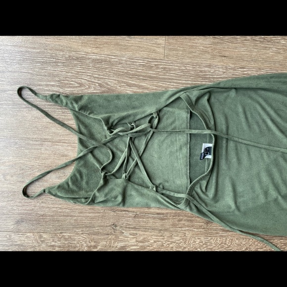 Fitted Olive Green Faux Suede Dress Size Small - Picture 3 of 12